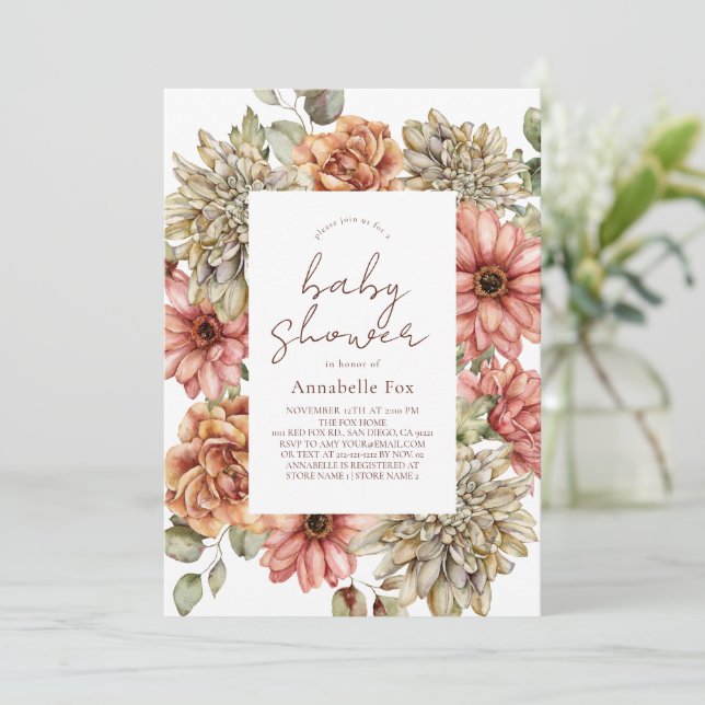 Invitación Red Gerbera y White Dahlia Baby Shower (Anverso de pie)