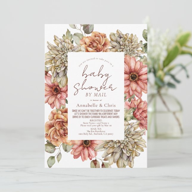 Invitación Red Gerbera y White Dahlia Baby Shower por correo (Anverso de pie)
