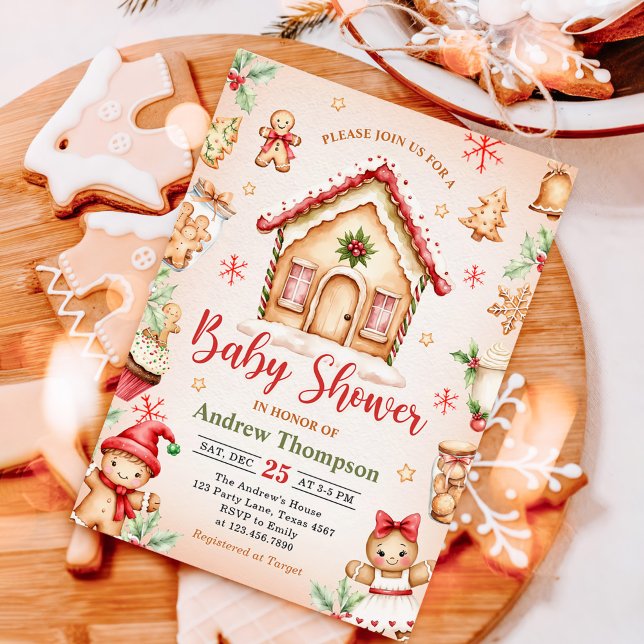 Invitación Red Gingerbread House Christmas Baby Shower (Subido por el creador)