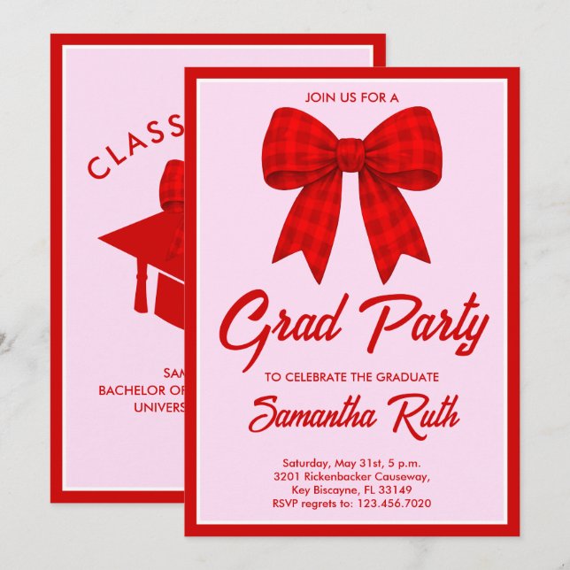 Invitación Red Gingham Bow Graduation Party (Anverso / Reverso)