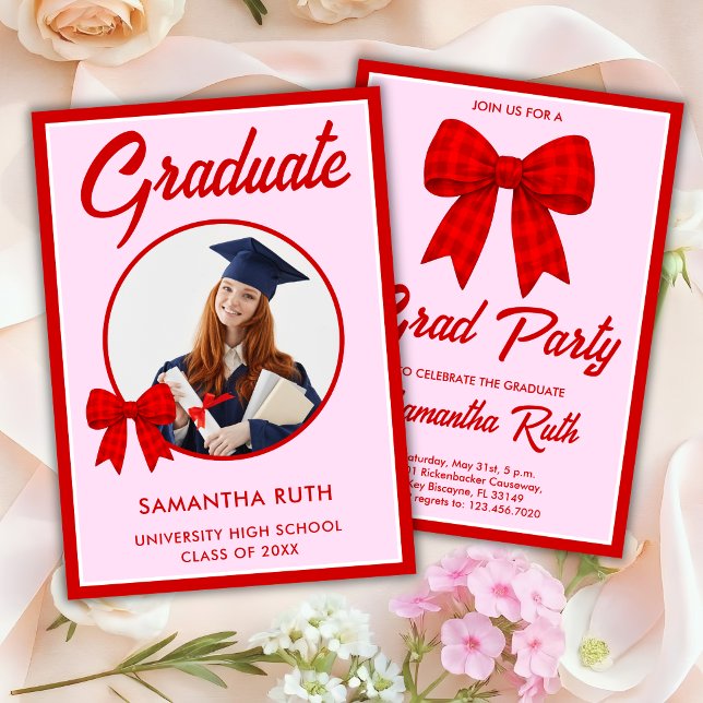 Invitación Red Gingham Bow Photo Graduation Party (Subido por el creador)