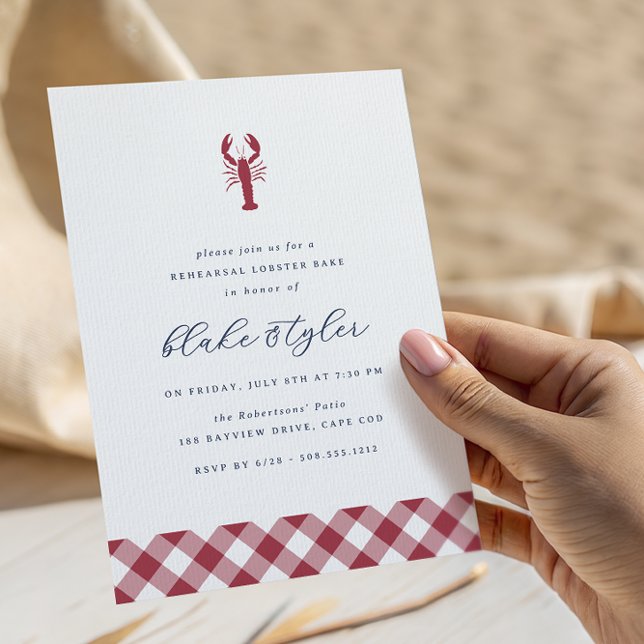 Invitación Red Gingham | Cena de ensayo de Bake de langosta (Coastal lobster bake rehearsal dinner invitations)