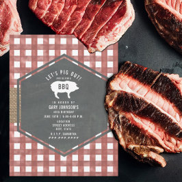 Invitación Red Gingham Chalkboard Pig Burlap Birthday Bbq