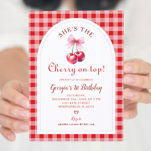 Invitación Red Gingham con Bow Cherry en el cumpleaños de los
