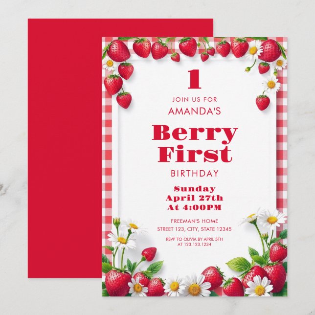 Invitación Red Gingham con fresas bebé niña cumpleaños (Anverso / Reverso)