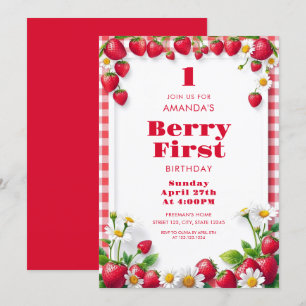 Invitación Red Gingham con fresas bebé niña cumpleaños