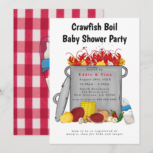 Invitación Red Gingham Crawfish Boil Baby Shower (Anverso / Reverso)