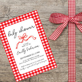 Invitación Red Gingham Cute Bow Handwriting Baby Shower