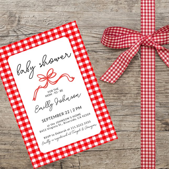 Invitación Red Gingham Cute Bow Handwriting Baby Shower (Subido por el creador)