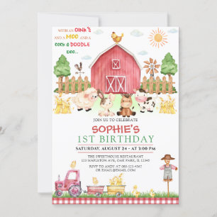 Invitación Red Gingham Farm Animals Barnyard Birthday