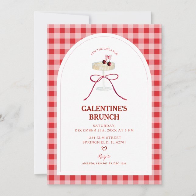 Invitación Red Gingham Galentine’s Brunch Cherry Cocktail  (Anverso)