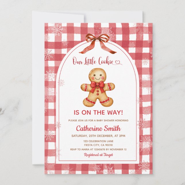 Invitación Red Gingham Gingerbread Christmas Baby Shower  (Anverso)