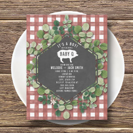 Invitación Red Gingham Greenery Baby Q Baby Shower