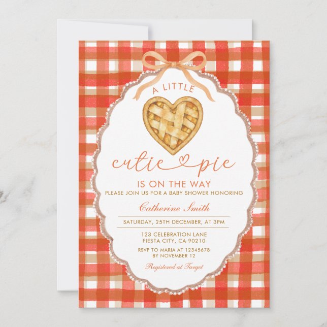 Invitación Red Gingham Heart Cutie Pie Baby Shower (Anverso)