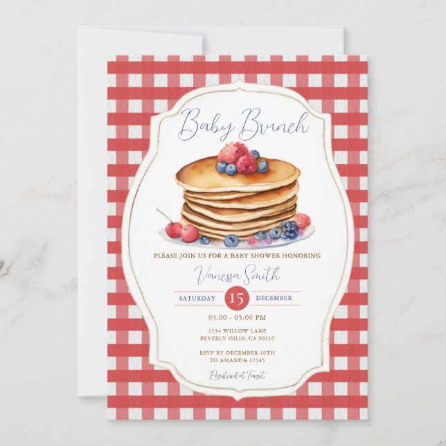 Invitación Red Gingham Pancake Baby Brunch Baby Shower (Anverso)