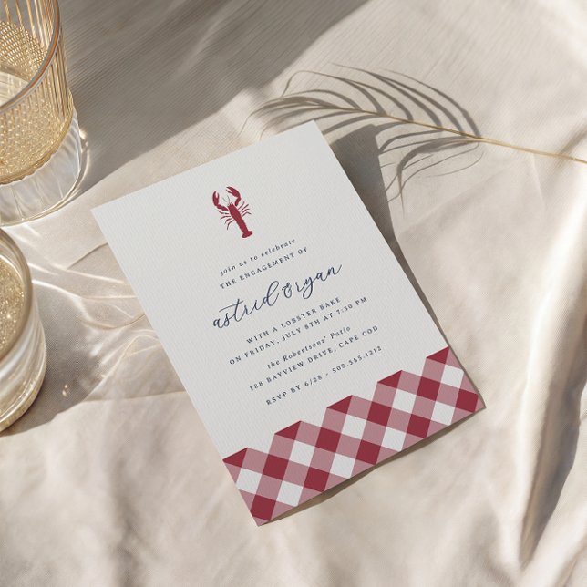 Invitación Red Gingham | Partido de compromiso de Bake de lan (Coastal lobster bake engagement party invitations)