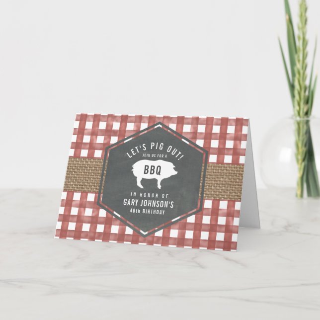 Invitación Red Gingham Pig Burlap Birthday Bbq (Anverso)