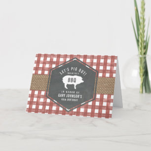 Invitación Red Gingham Pig Burlap Birthday Bbq