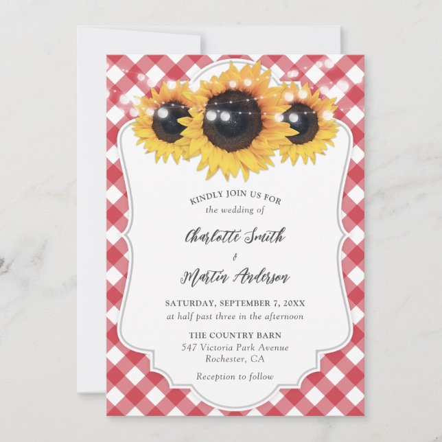 Invitación Red Gingham Rustic Sunflower Boda (Anverso)