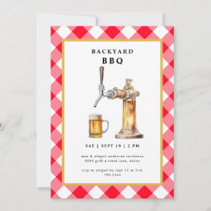 Invitación Red Gingham Tap & Beer Keg Backyard Fiesta de barb
