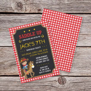 Invitación Red Gingham Wild West Tan Cowboy Birthday