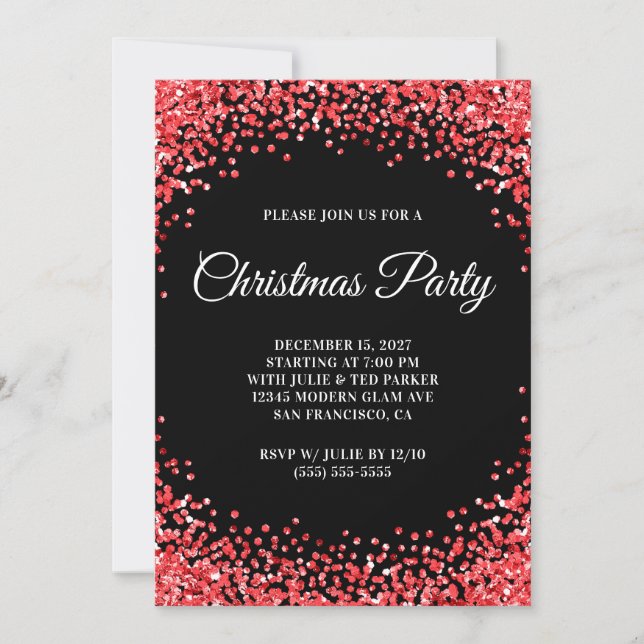 Invitación Red Glitter Border Black Christmas Party (Anverso)
