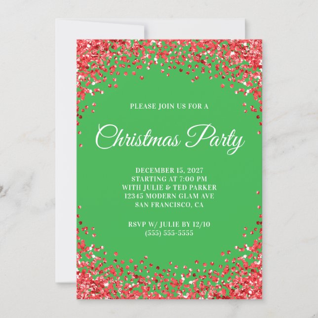 Invitación Red Glitter Border Green Christmas Party (Anverso)