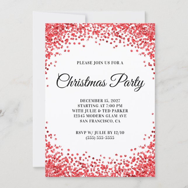 Invitación Red Glitter Border White Christmas Party (Anverso)