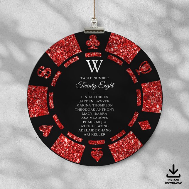 Invitación Red Glitter Monogram Poker Chip Casino Wedding (Subido por el creador)