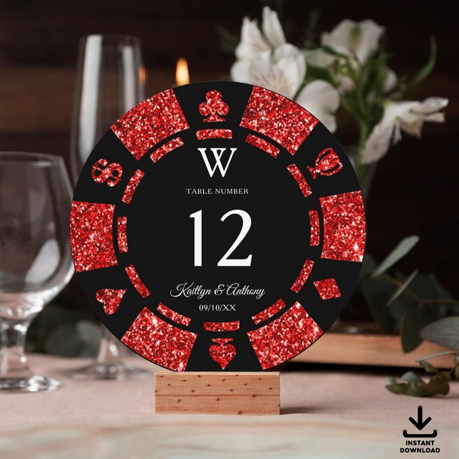 Invitación Red Glitter Monogram Poker Chip Casino Wedding (Subido por el creador)