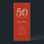 Invitación Red Gold 50th Birthday Party Program con Menú<br><div class="desc">Elegante diseño de "Programa de fiesta de cumpleaños" con una sofisticada tipografía de escritura con texto personalizado.</div>