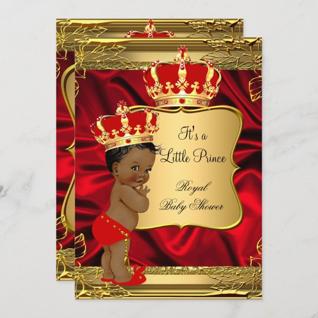 Invitación Red Gold African American Prince Baby Shower (Anverso / Reverso)