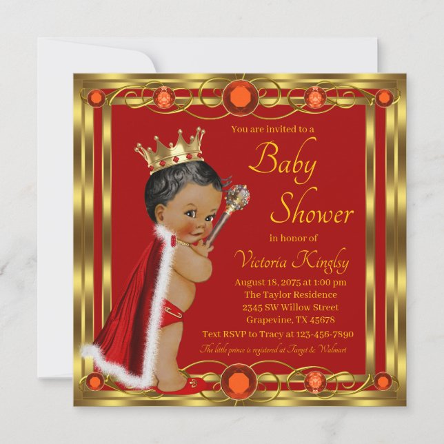 Invitación Red Gold African American Prince Jewel Baby Shower (Anverso)