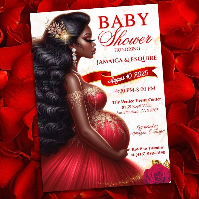 Invitación Red & Gold African Mom-to-be Elegant Baby Shower (Luxurious Red & Gold Baby Shower Invitation for Expecting Queen. Ethnic Mom-to-Be)
