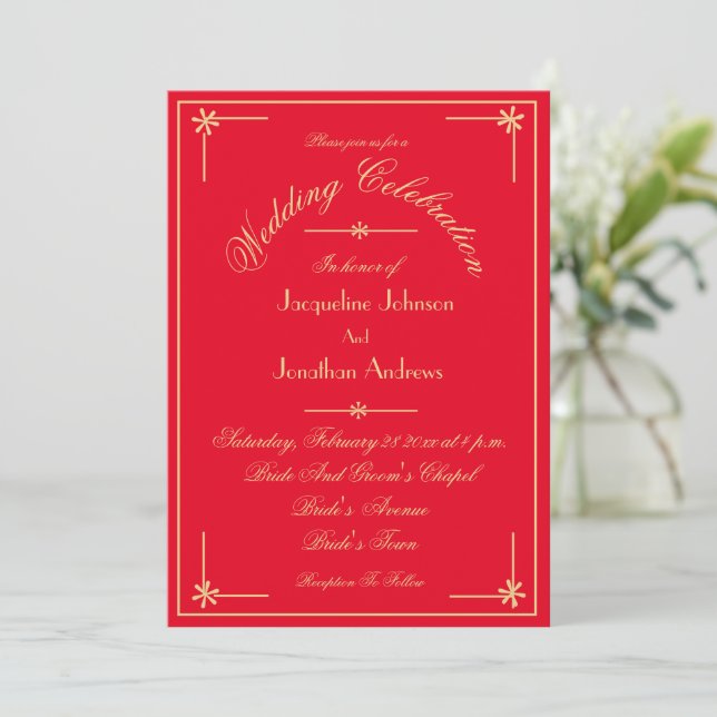Invitación Red & Gold All In One RSVP Boda de sitio web de co (Anverso de pie)