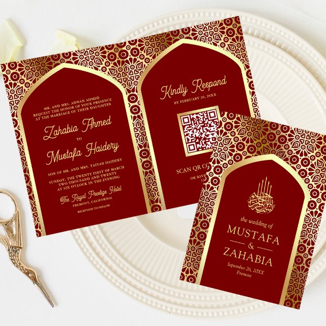 Invitación Red Gold Arch Persa Código QR Código Musulmán Boda (Subido por el creador)