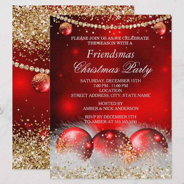 Invitación Red Gold Baubles Friendsmas Navidades Fiesta (Anverso / Reverso)