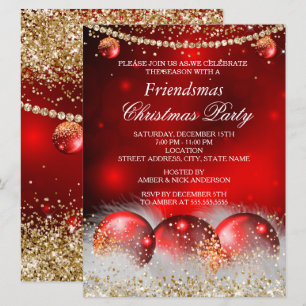 Invitación Red Gold Baubles Friendsmas Navidades Fiesta