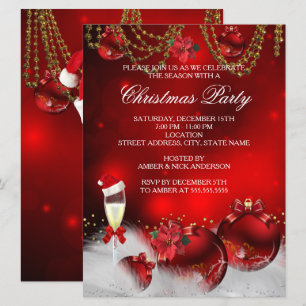 Invitación Red Gold Baubles Navidades Champagne Fiesta