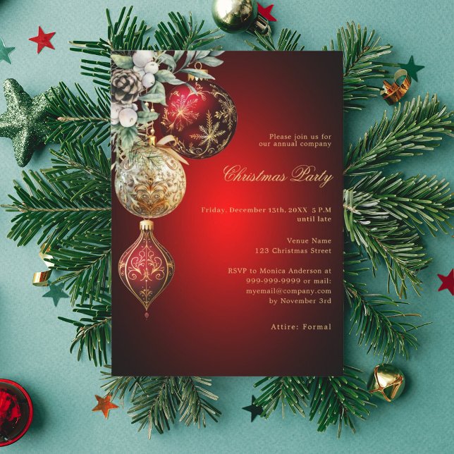 Invitación Red gold baubles Navidades de negocios de empleado (Subido por el creador)