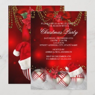 Invitación Red Gold Baubles Santa Hat Navidades Fiesta