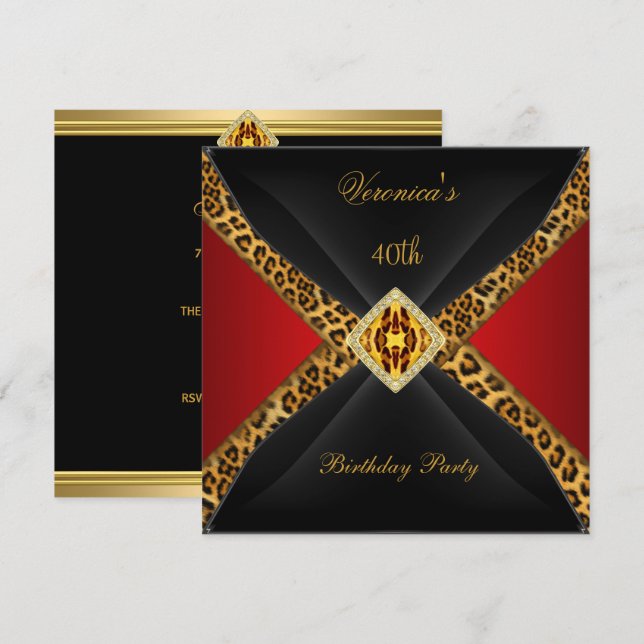 Invitación Red Gold Black Leopard Jewel 40 cumpleaños (Anverso / Reverso)