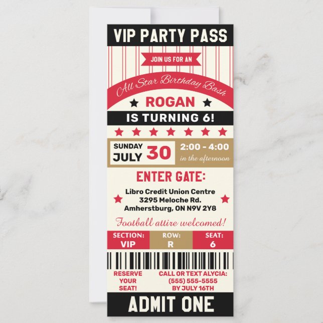 Invitación Red, Gold & Black Sports VIP Ticket Birthday Party (Anverso)