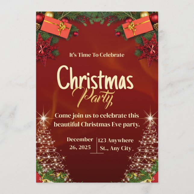 Invitación Red & Gold Christmas Eve Party Invitation Card (Anverso)