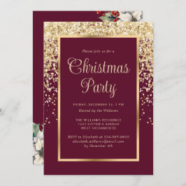 Invitación Red Gold Confetti Botanical Christmas Party