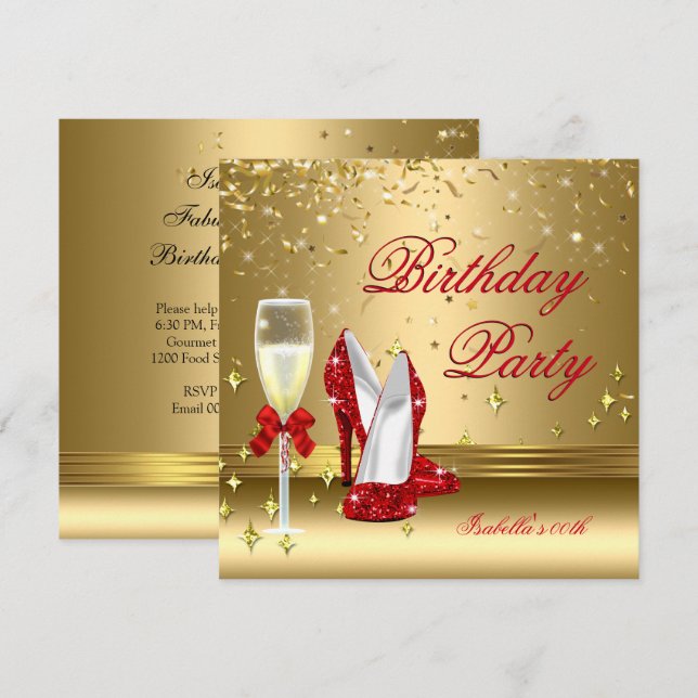 Invitación Red Gold Confetti Champagne Heels Fiesta de cumple (Anverso / Reverso)
