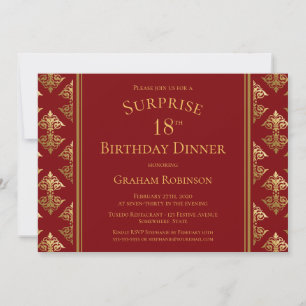 Invitación Red Gold Damask Surprise 18ª Cena de Cumpleaños