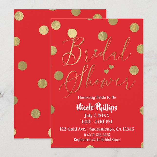 Invitación Red & Gold Dots Modern Glam Bridal Shower (Anverso / Reverso)