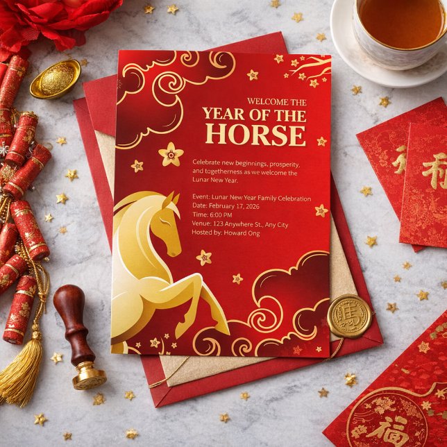 Invitación Red Gold Elegant Lunar New Year Horse (Subido por el creador)