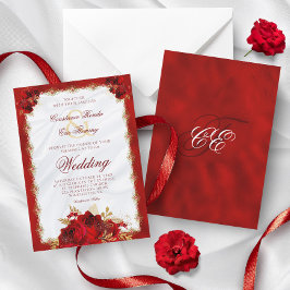 Invitación Red Gold Elegant Monogram Roses Formal Wedding